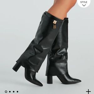 Black Faux leather gold charm foldover boots, new with tag still in box,size 5.5